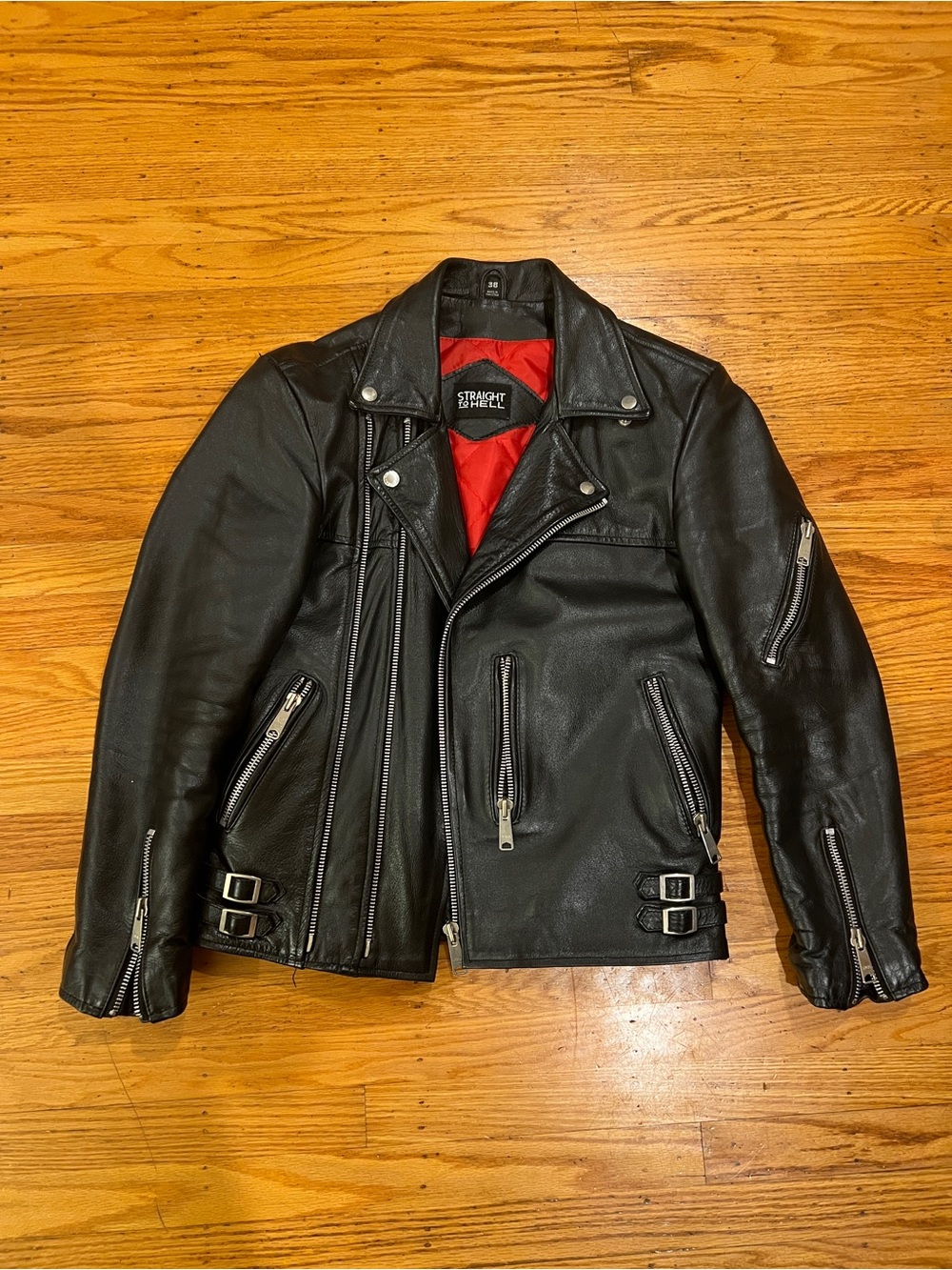 Straight to Hell Black Leather Biker Jacket with Red Lining